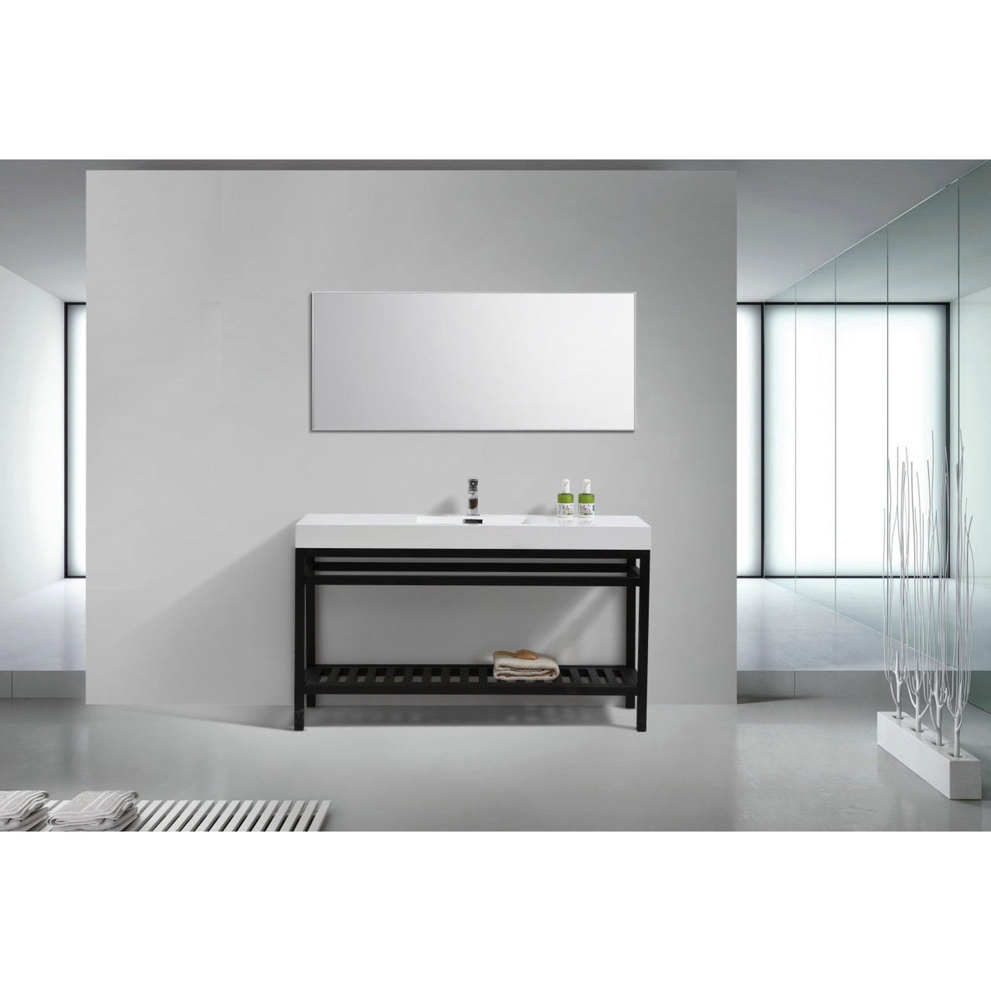 KubeBath Cisco 60" Stainless Steel Matte Black Console Freestanding Modern Bathroom Vanity With Single Integrated Acrylic Sink With Overflow and 55" Black Framed Mirror