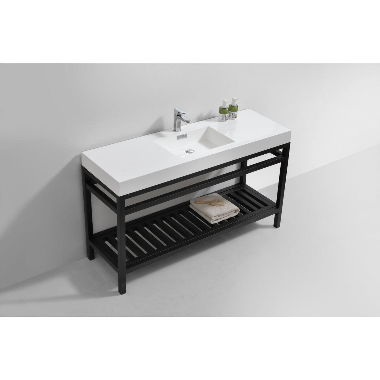 KubeBath Cisco 60" Stainless Steel Matte Black Console Freestanding Modern Bathroom Vanity With Single Integrated Acrylic Sink With Overflow and 55" Black Framed Mirror