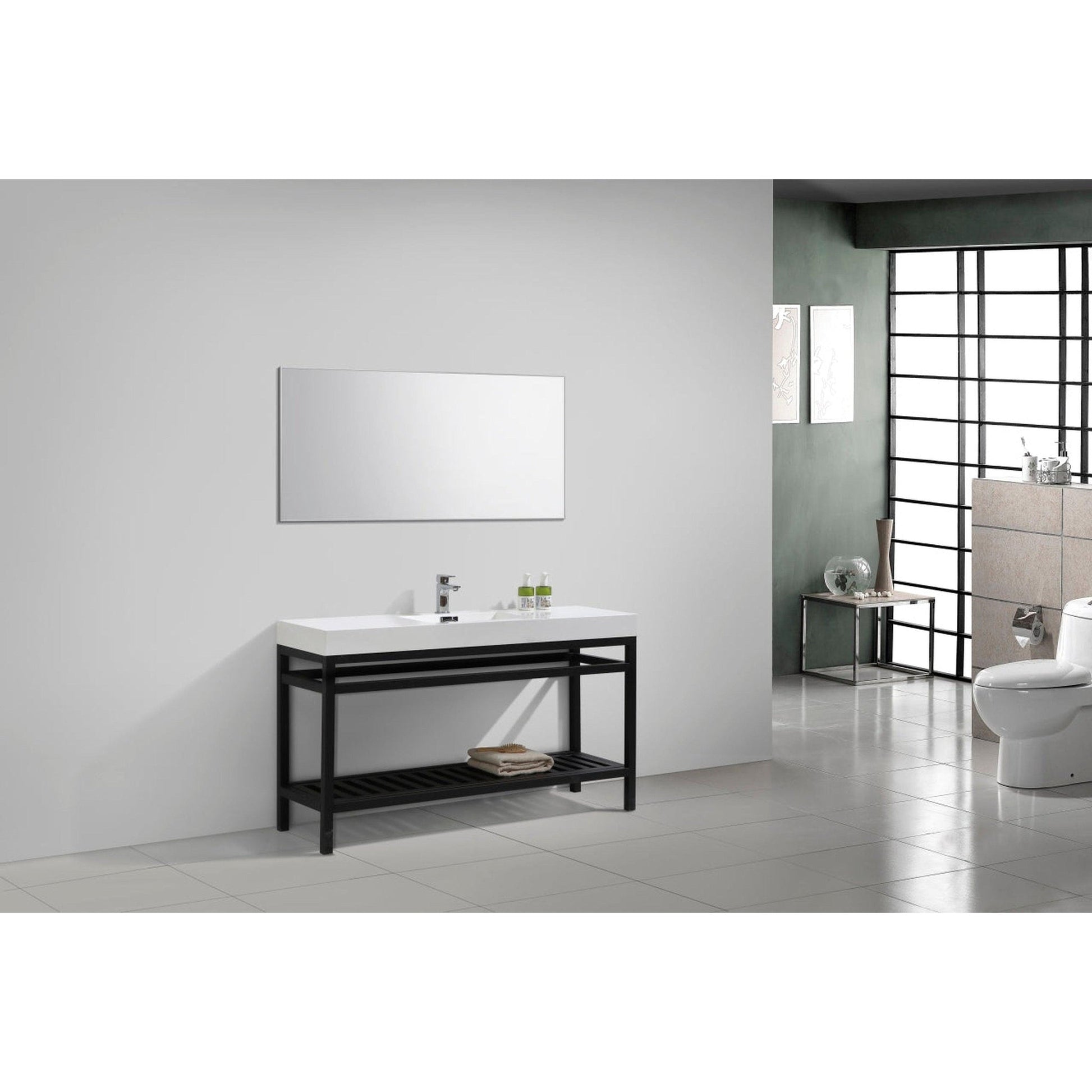 KubeBath Cisco 60" Stainless Steel Matte Black Console Freestanding Modern Bathroom Vanity With Single Integrated Acrylic Sink With Overflow and 55" Black Framed Mirror