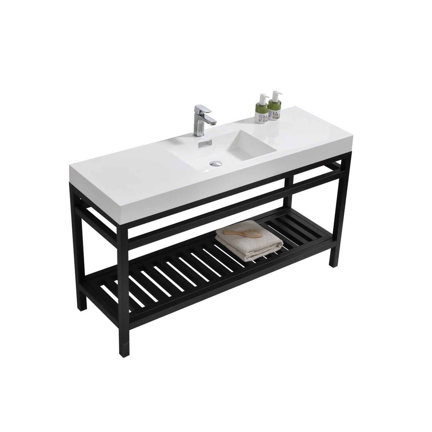 KubeBath Cisco 60" Stainless Steel Matte Black Console Freestanding Modern Bathroom Vanity With Single Integrated Acrylic Sink With Overflow and 55" Black Framed Mirror