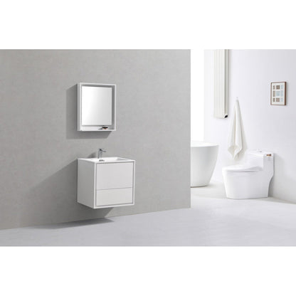 KubeBath DeLusso 24" High Gloss White Wall-Mounted Modern Bathroom Vanity With Single Integrated Acrylic Sink With Overflow