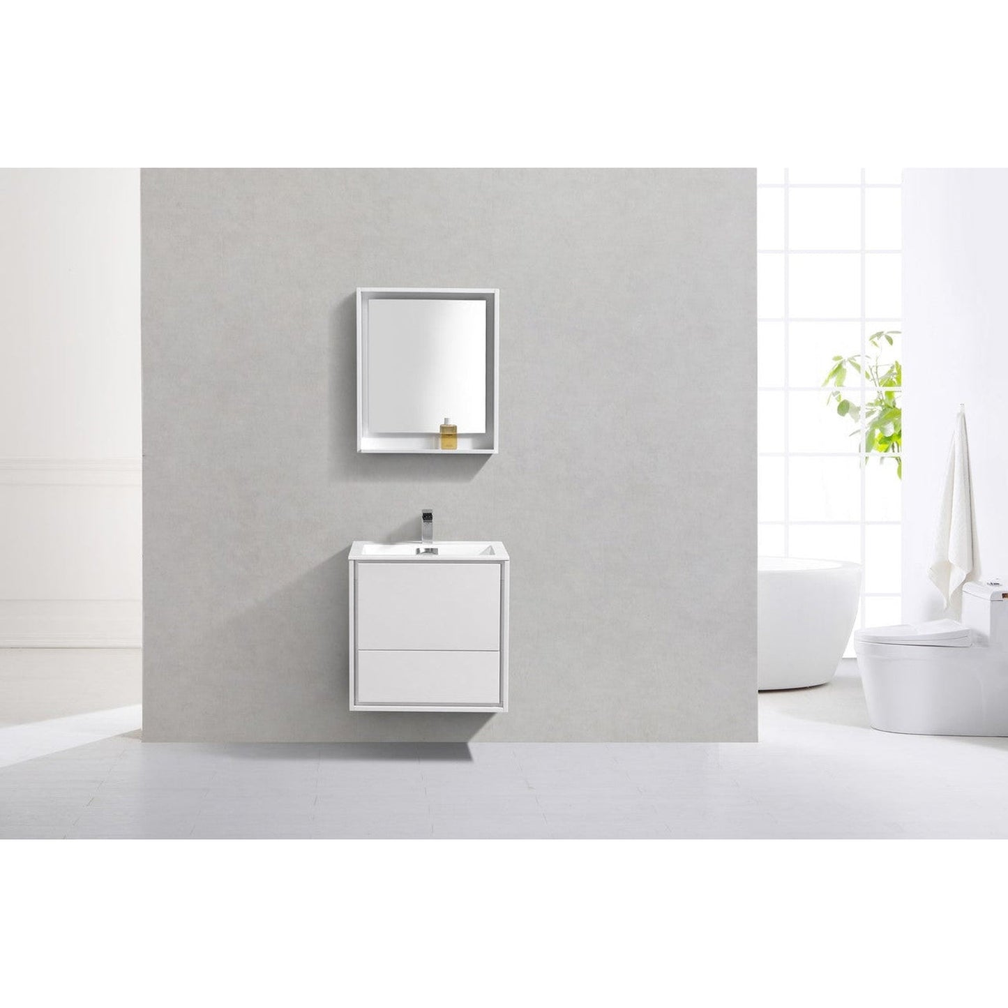 KubeBath DeLusso 24" High Gloss White Wall-Mounted Modern Bathroom Vanity With Single Integrated Acrylic Sink With Overflow
