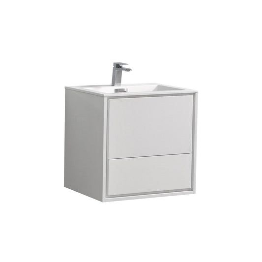 KubeBath DeLusso 24" High Gloss White Wall-Mounted Modern Bathroom Vanity With Single Integrated Acrylic Sink With Overflow and 24" White Framed Mirror With Shelf