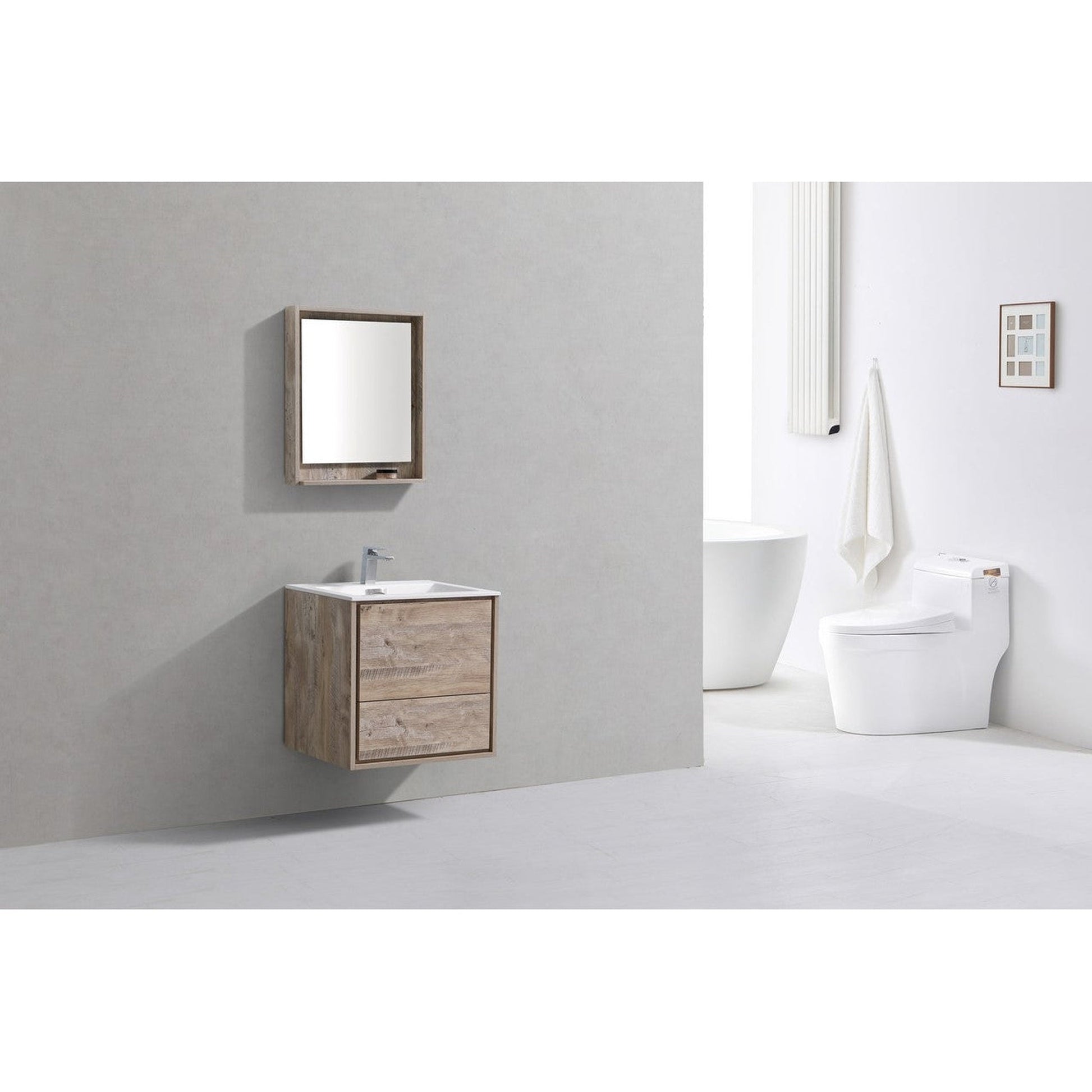 KubeBath DeLusso 24" Nature Wood Wall-Mounted Modern Bathroom Vanity With Single Integrated Acrylic Sink With Overflow and 24" Wood Framed Mirror With Shelf