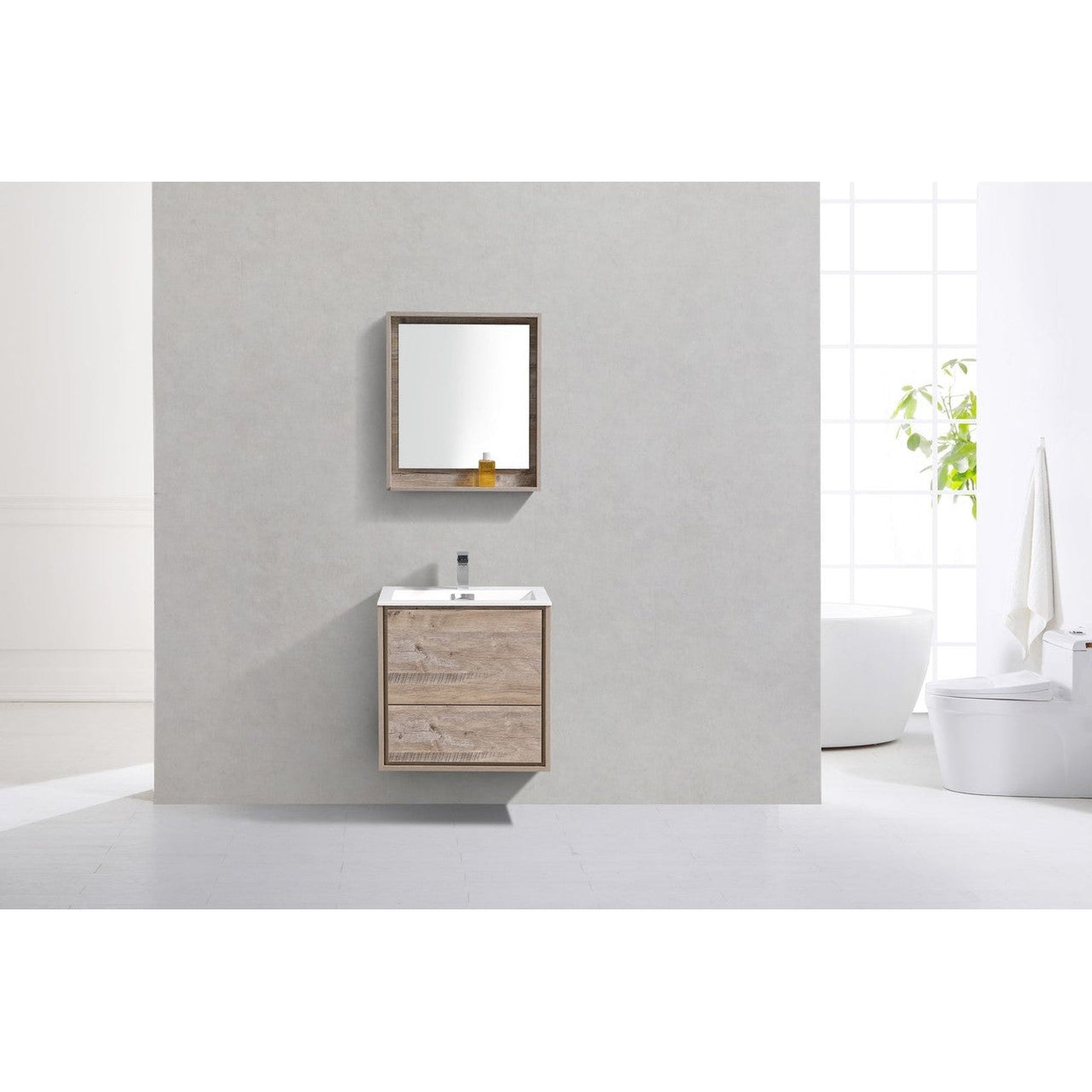 KubeBath DeLusso 24" Nature Wood Wall-Mounted Modern Bathroom Vanity With Single Integrated Acrylic Sink With Overflow and 24" Wood Framed Mirror With Shelf