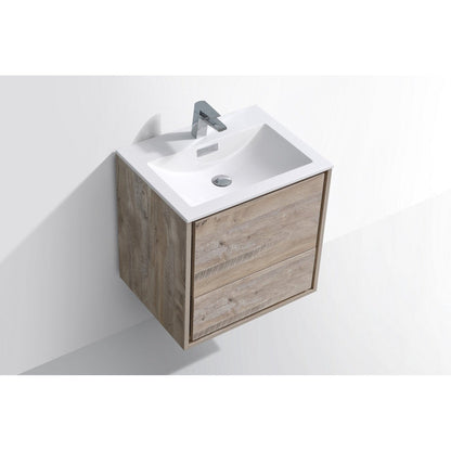 KubeBath DeLusso 24" Nature Wood Wall-Mounted Modern Bathroom Vanity With Single Integrated Acrylic Sink With Overflow and 24" Wood Framed Mirror With Shelf