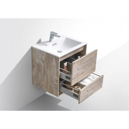KubeBath DeLusso 24" Nature Wood Wall-Mounted Modern Bathroom Vanity With Single Integrated Acrylic Sink With Overflow and 24" Wood Framed Mirror With Shelf