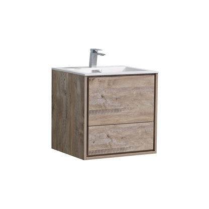 KubeBath DeLusso 24" Nature Wood Wall-Mounted Modern Bathroom Vanity With Single Integrated Acrylic Sink With Overflow and 24" Wood Framed Mirror With Shelf