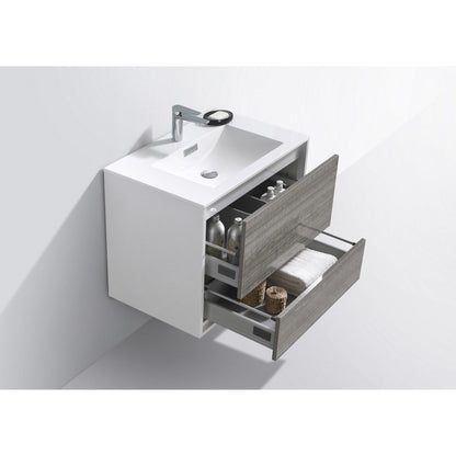 KubeBath DeLusso 30" Ash Gray Wall-Mounted Modern Bathroom Vanity With Single Integrated Acrylic Sink With Overflow