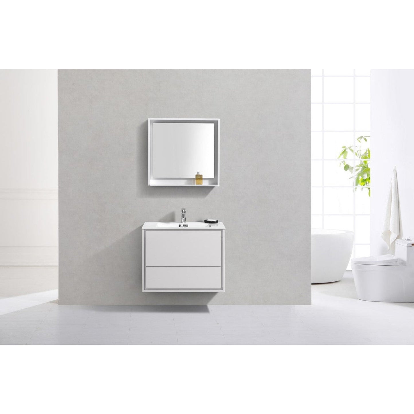 KubeBath DeLusso 30" High Gloss White Wall-Mounted Modern Bathroom Vanity With Single Integrated Acrylic Sink With Overflow