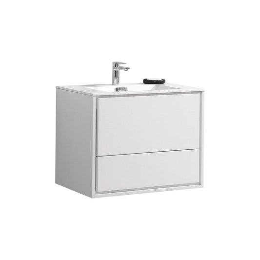 KubeBath DeLusso 30" High Gloss White Wall-Mounted Modern Bathroom Vanity With Single Integrated Acrylic Sink With Overflow and 30" White Framed Mirror With Shelf