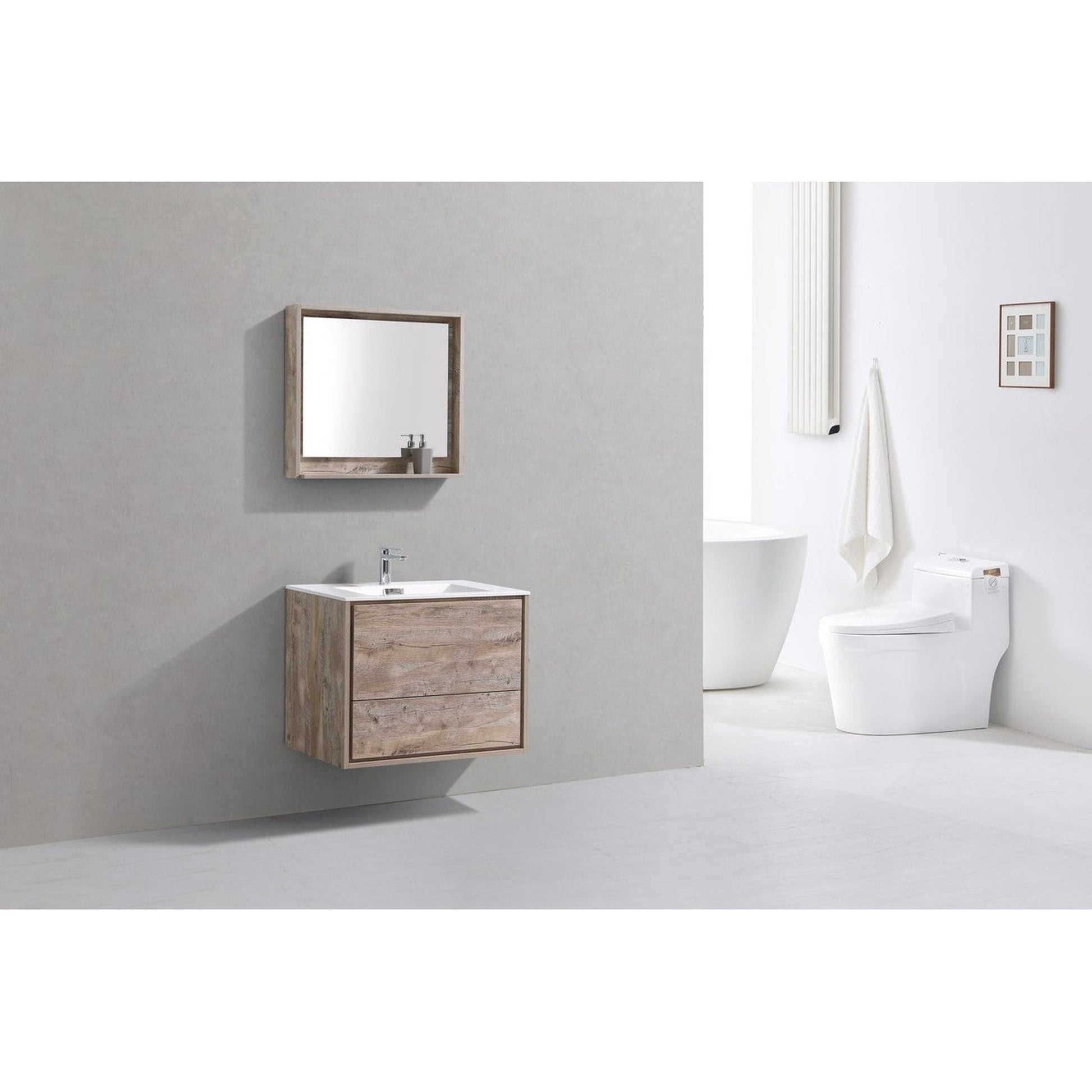 KubeBath DeLusso 30" Nature Wood Wall-Mounted Modern Bathroom Vanity With Single Integrated Acrylic Sink With Overflow
