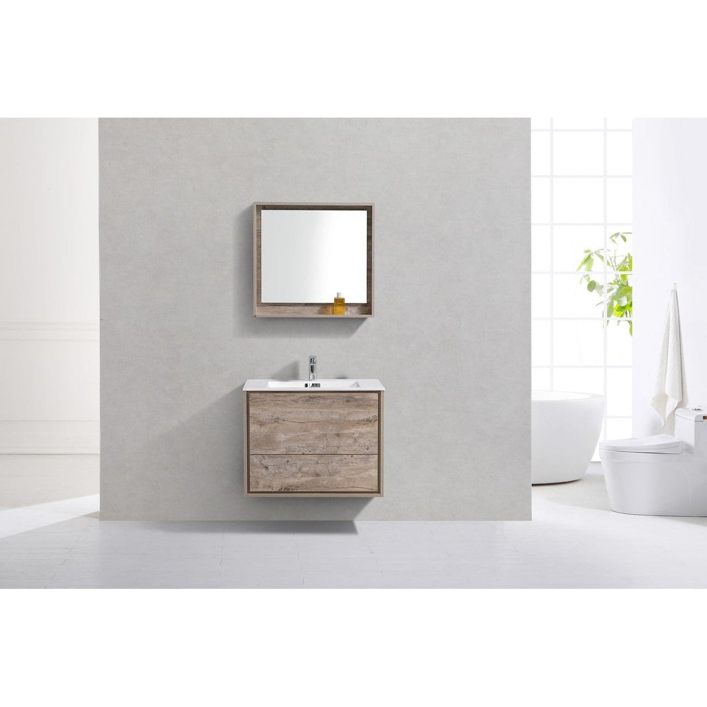 KubeBath DeLusso 30" Nature Wood Wall-Mounted Modern Bathroom Vanity With Single Integrated Acrylic Sink With Overflow