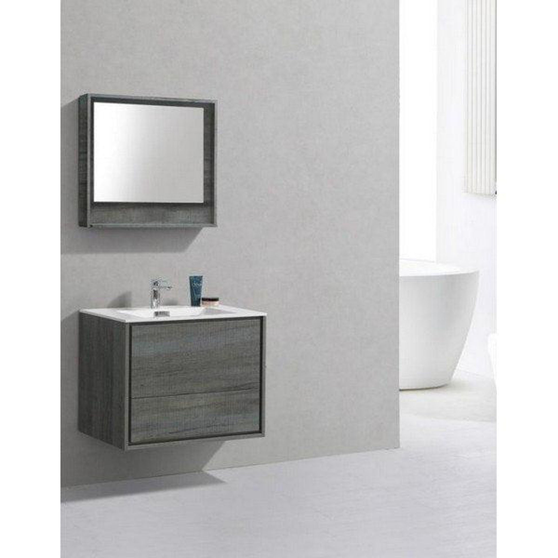 KubeBath DeLusso 30" Ocean Gray Wall-Mounted Modern Bathroom Vanity With Single Integrated Acrylic Sink With Overflow and 30" White Framed Mirror With Shelf