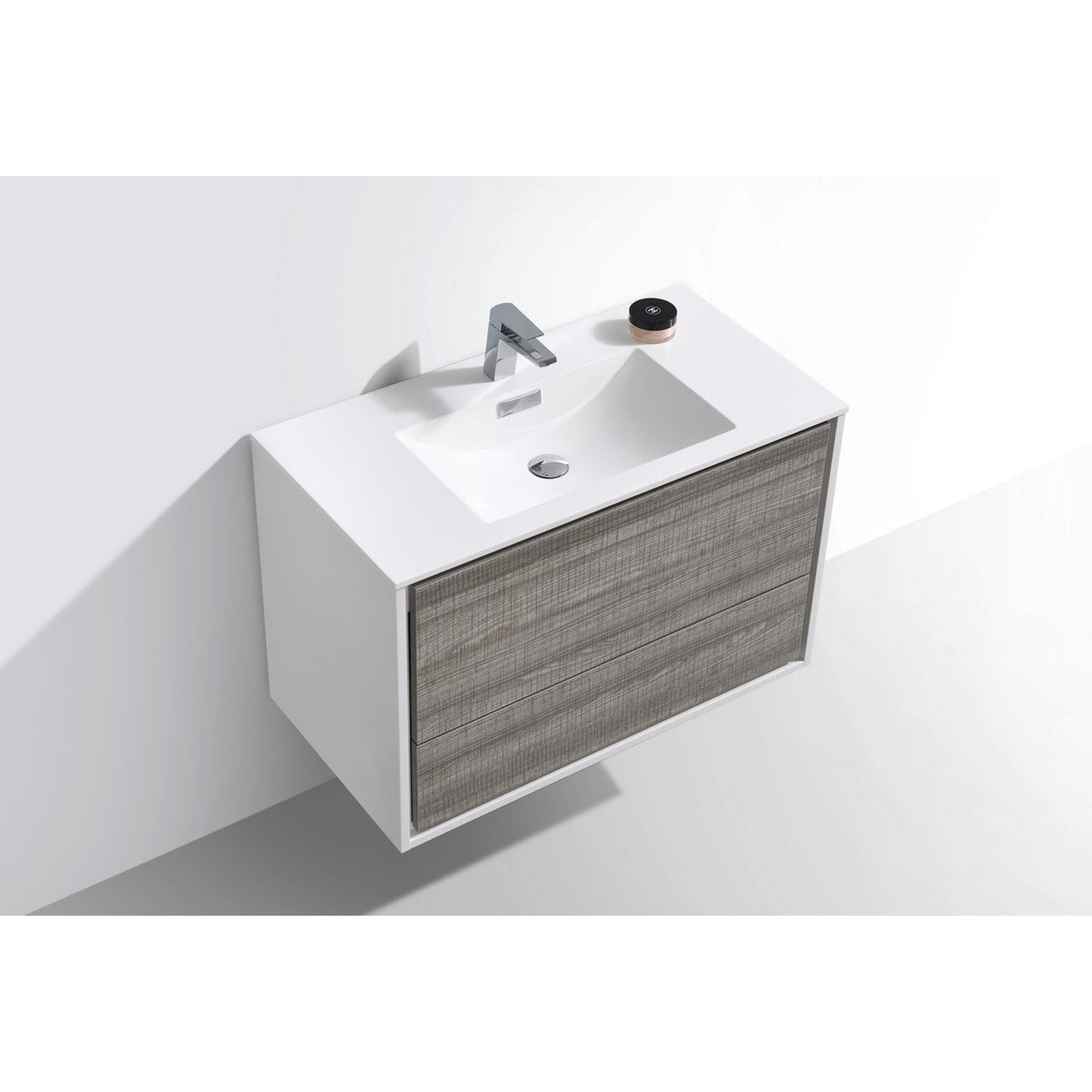 KubeBath DeLusso 36" Ash Gray Wall Mounted Modern Bathroom Vanity With Single Integrated Acrylic Sink With Overflow