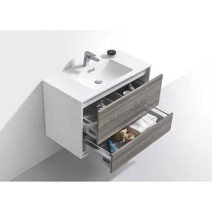 KubeBath DeLusso 36" Ash Gray Wall Mounted Modern Bathroom Vanity With Single Integrated Acrylic Sink With Overflow