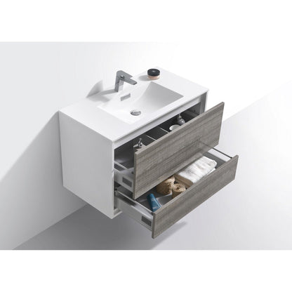 KubeBath DeLusso 36" Ash Gray Wall-Mounted Modern Bathroom Vanity With Single Integrated Acrylic Sink With Overflow and 36" White Framed Mirror With Shelf