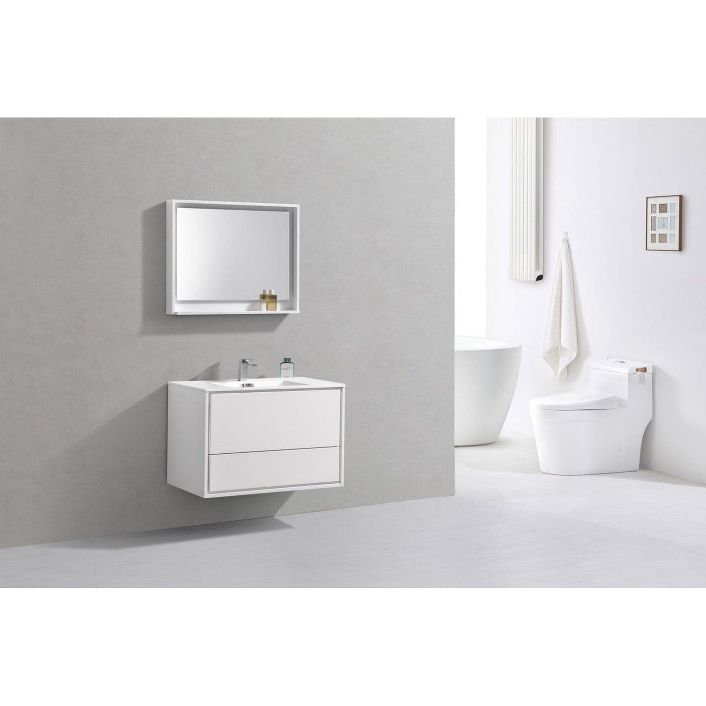 KubeBath DeLusso 36" High Gloss White Wall-Mounted Modern Bathroom Vanity With Single Integrated Acrylic Sink With Overflow and 36" White Framed Mirror With Shelf