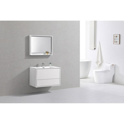 KubeBath DeLusso 36" High Gloss White Wall-Mounted Modern Bathroom Vanity With Single Integrated Acrylic Sink With Overflow and 36" White Framed Mirror With Shelf