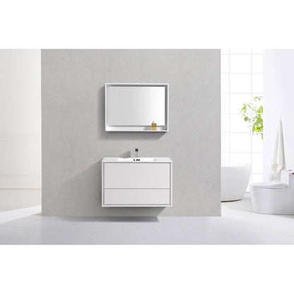 KubeBath DeLusso 36" High Gloss White Wall-Mounted Modern Bathroom Vanity With Single Integrated Acrylic Sink With Overflow and 36" White Framed Mirror With Shelf