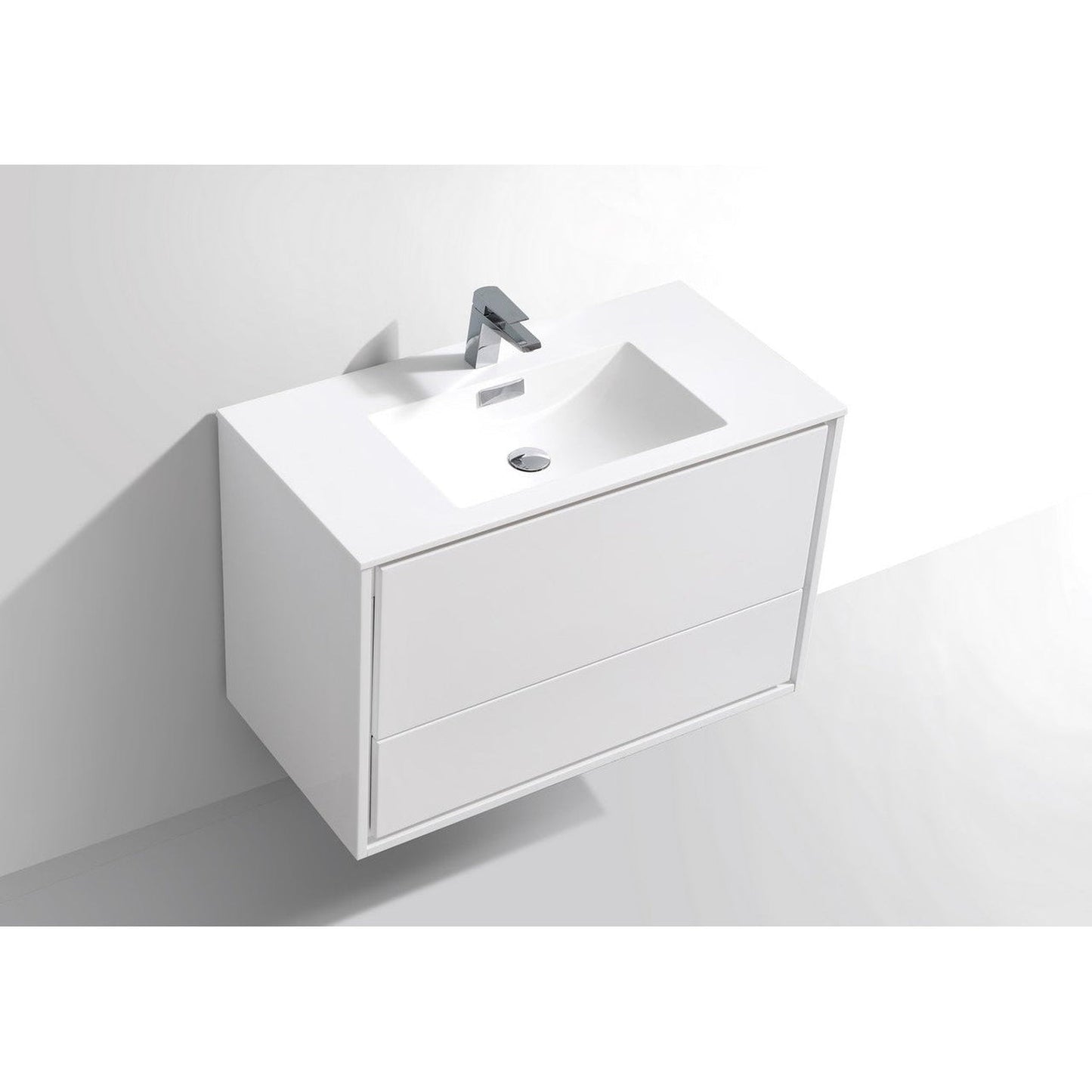 KubeBath DeLusso 36" High Gloss White Wall-Mounted Modern Bathroom Vanity With Single Integrated Acrylic Sink With Overflow and 36" White Framed Mirror With Shelf