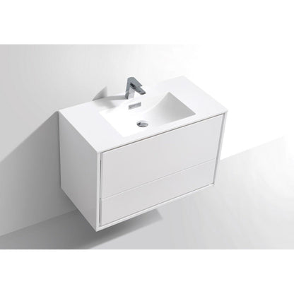 KubeBath DeLusso 36" High Gloss White Wall-Mounted Modern Bathroom Vanity With Single Integrated Acrylic Sink With Overflow and 36" White Framed Mirror With Shelf