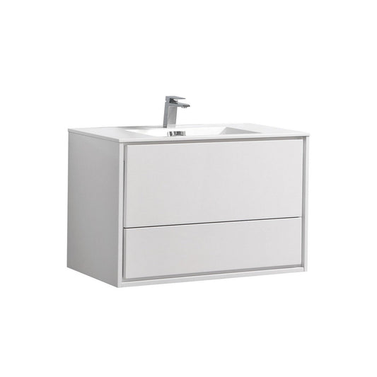 KubeBath DeLusso 36" High Gloss White Wall-Mounted Modern Bathroom Vanity With Single Integrated Acrylic Sink With Overflow and 36" White Framed Mirror With Shelf