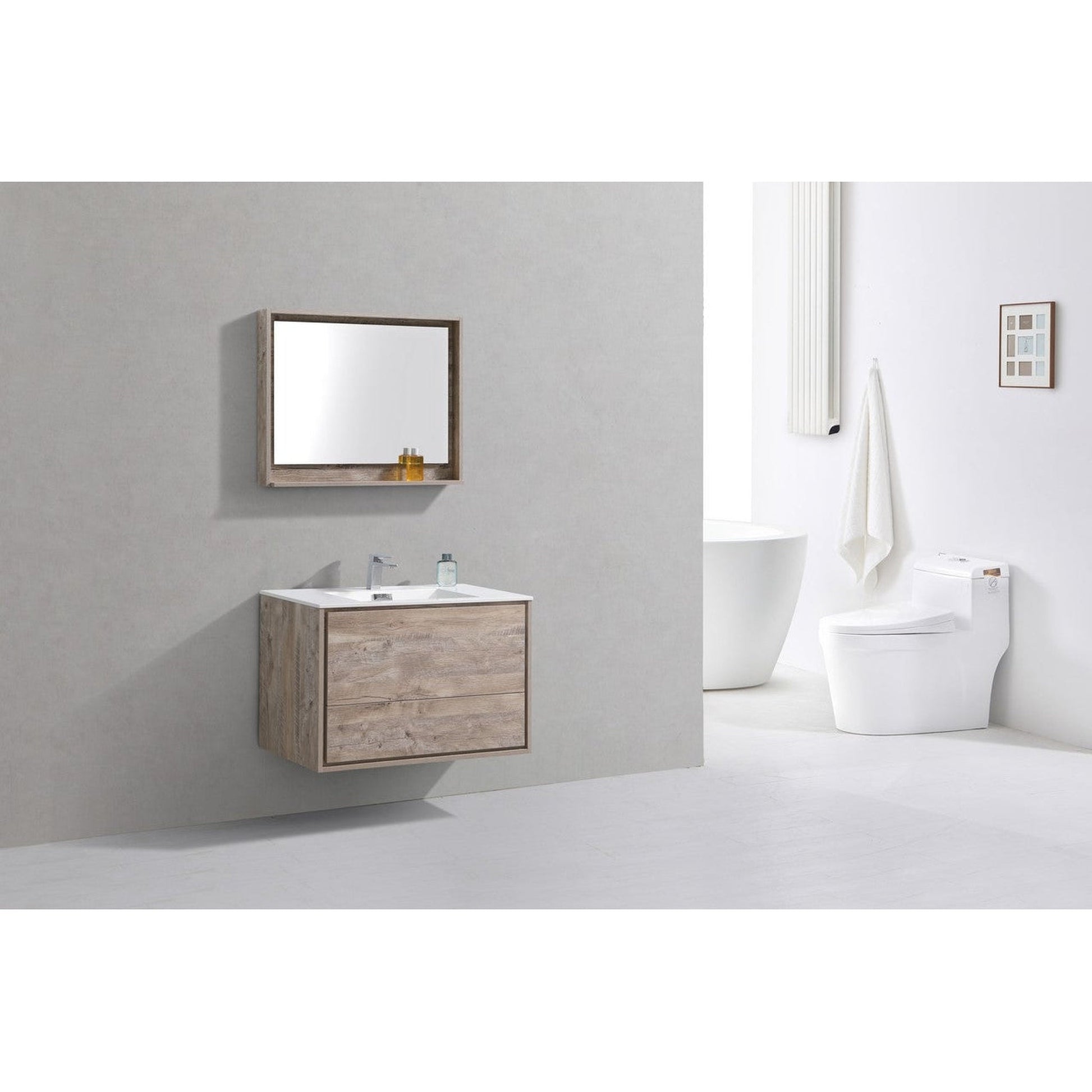 KubeBath DeLusso 36" Nature Wood Wall-Mounted Modern Bathroom Vanity With Single Integrated Acrylic Sink With Overflow and 36" Wood Framed Mirror With Shelf