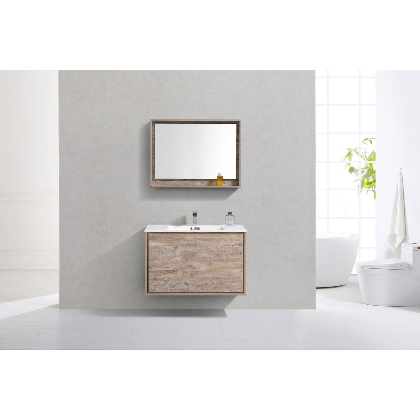 KubeBath DeLusso 36" Nature Wood Wall-Mounted Modern Bathroom Vanity With Single Integrated Acrylic Sink With Overflow and 36" Wood Framed Mirror With Shelf