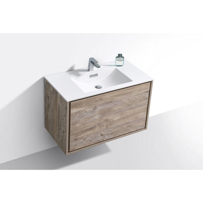 KubeBath DeLusso 36" Nature Wood Wall-Mounted Modern Bathroom Vanity With Single Integrated Acrylic Sink With Overflow and 36" Wood Framed Mirror With Shelf