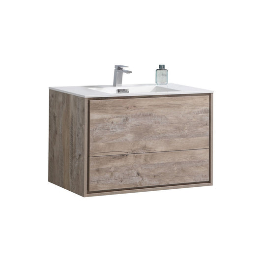 KubeBath DeLusso 36" Nature Wood Wall-Mounted Modern Bathroom Vanity With Single Integrated Acrylic Sink With Overflow and 36" Wood Framed Mirror With Shelf