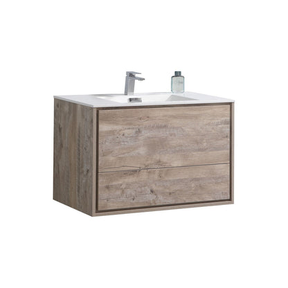 KubeBath DeLusso 36" Nature Wood Wall-Mounted Modern Bathroom Vanity With Single Integrated Acrylic Sink With Overflow