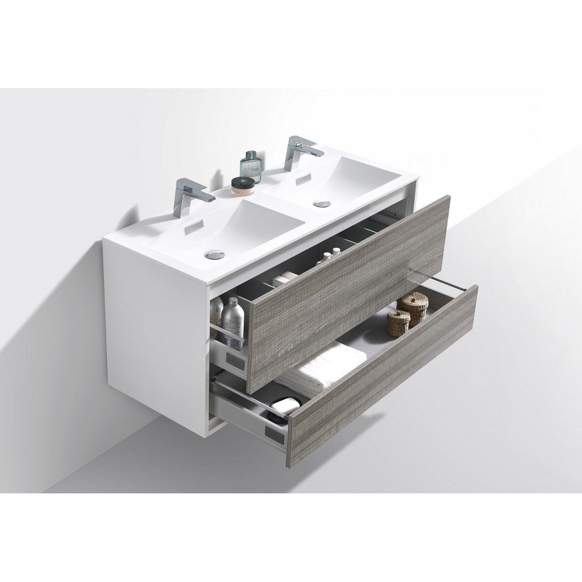 KubeBath DeLusso 48" Ash Gray Wall-Mounted Modern Bathroom Vanity With Double Integrated Acrylic Sink With Overflow