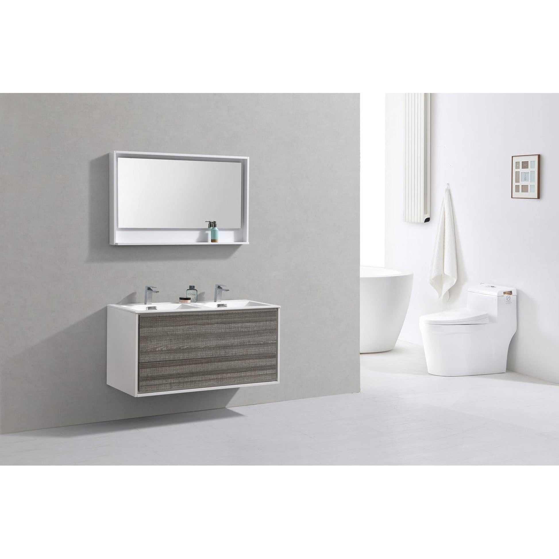 KubeBath DeLusso 48" Ash Gray Wall-Mounted Modern Bathroom Vanity With Double Integrated Acrylic Sink With Overflow and 48" White Framed Mirror With Shelf