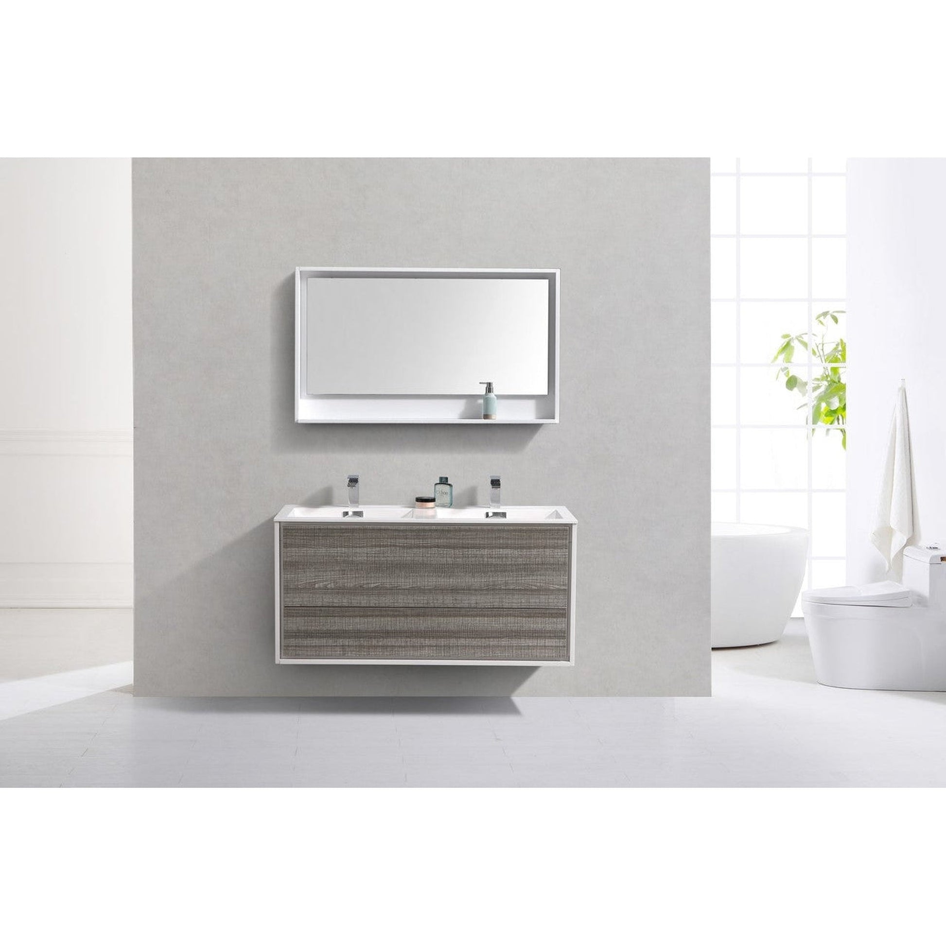 KubeBath DeLusso 48" Ash Gray Wall-Mounted Modern Bathroom Vanity With Double Integrated Acrylic Sink With Overflow and 48" White Framed Mirror With Shelf