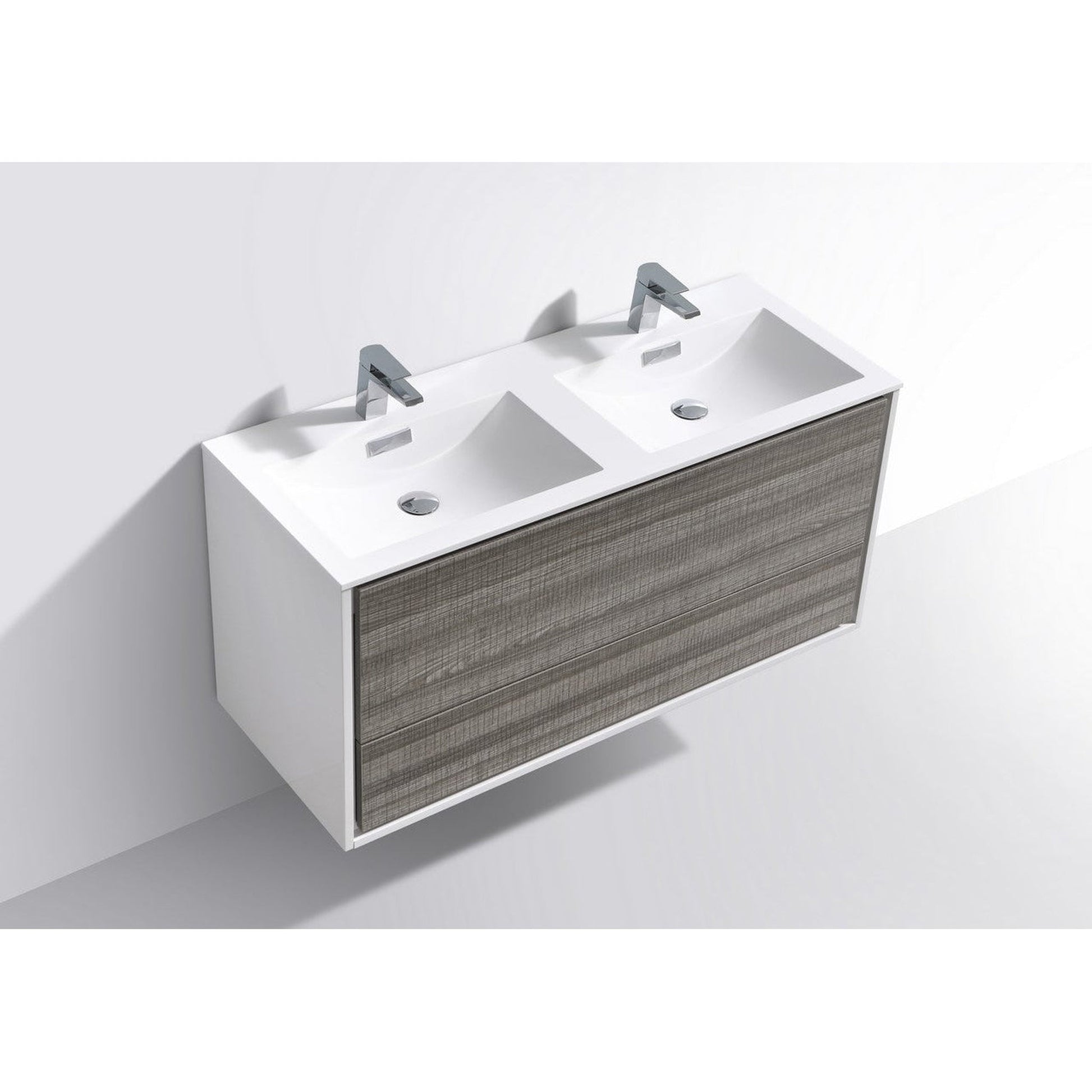 KubeBath DeLusso 48" Ash Gray Wall-Mounted Modern Bathroom Vanity With Double Integrated Acrylic Sink With Overflow and 48" White Framed Mirror With Shelf