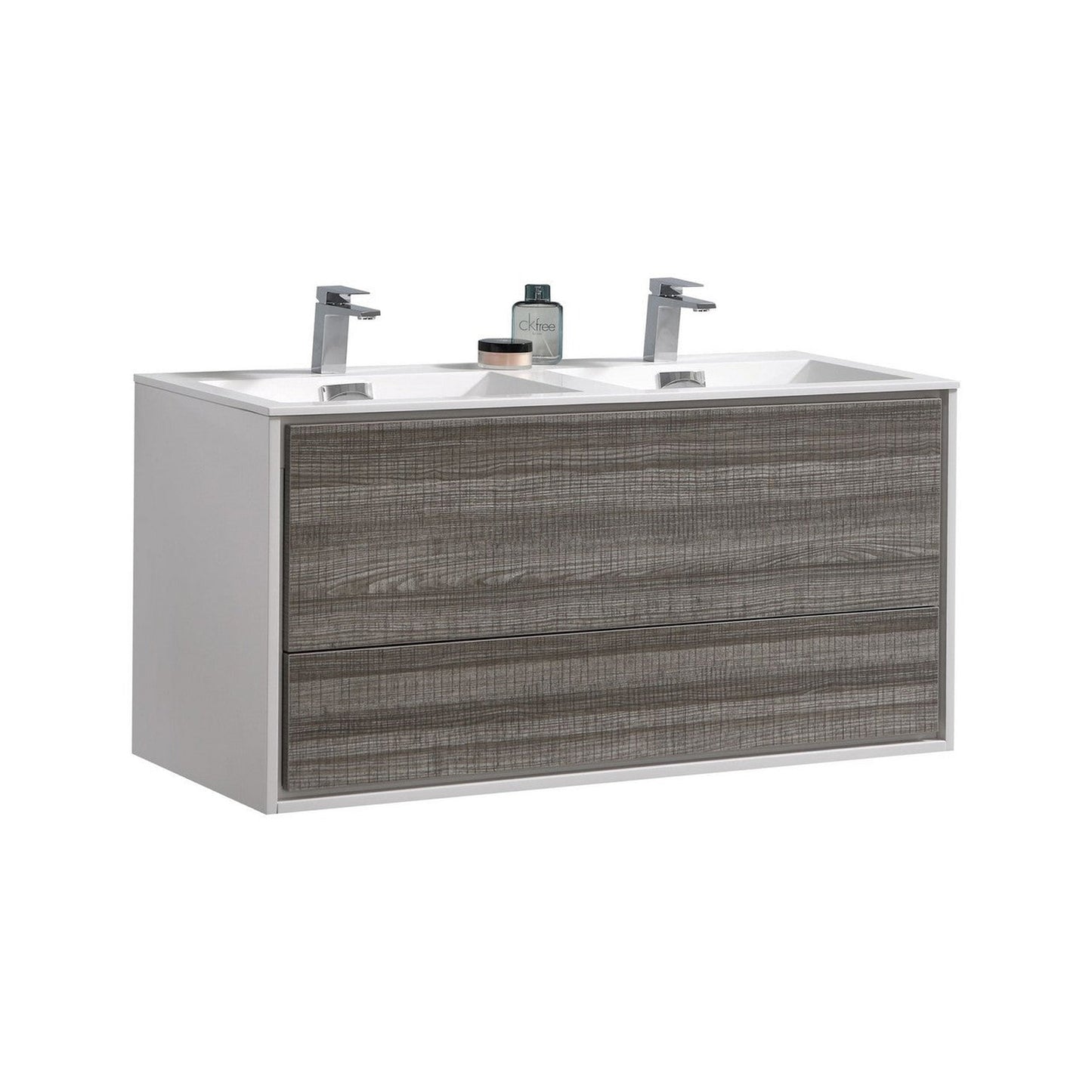 KubeBath DeLusso 48" Ash Gray Wall-Mounted Modern Bathroom Vanity With Double Integrated Acrylic Sink With Overflow and 48" White Framed Mirror With Shelf