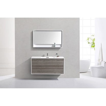 KubeBath DeLusso 48" Ash Gray Wall-Mounted Modern Bathroom Vanity With Single Integrated Acrylic Sink With Overflow and 48" White Framed Mirror With Shelf