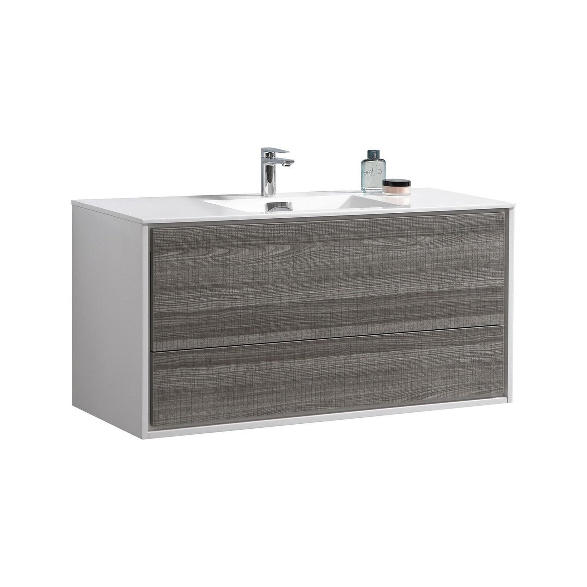 KubeBath DeLusso 48" Ash Gray Wall-Mounted Modern Bathroom Vanity With Single Integrated Acrylic Sink With Overflow and 48" White Framed Mirror With Shelf
