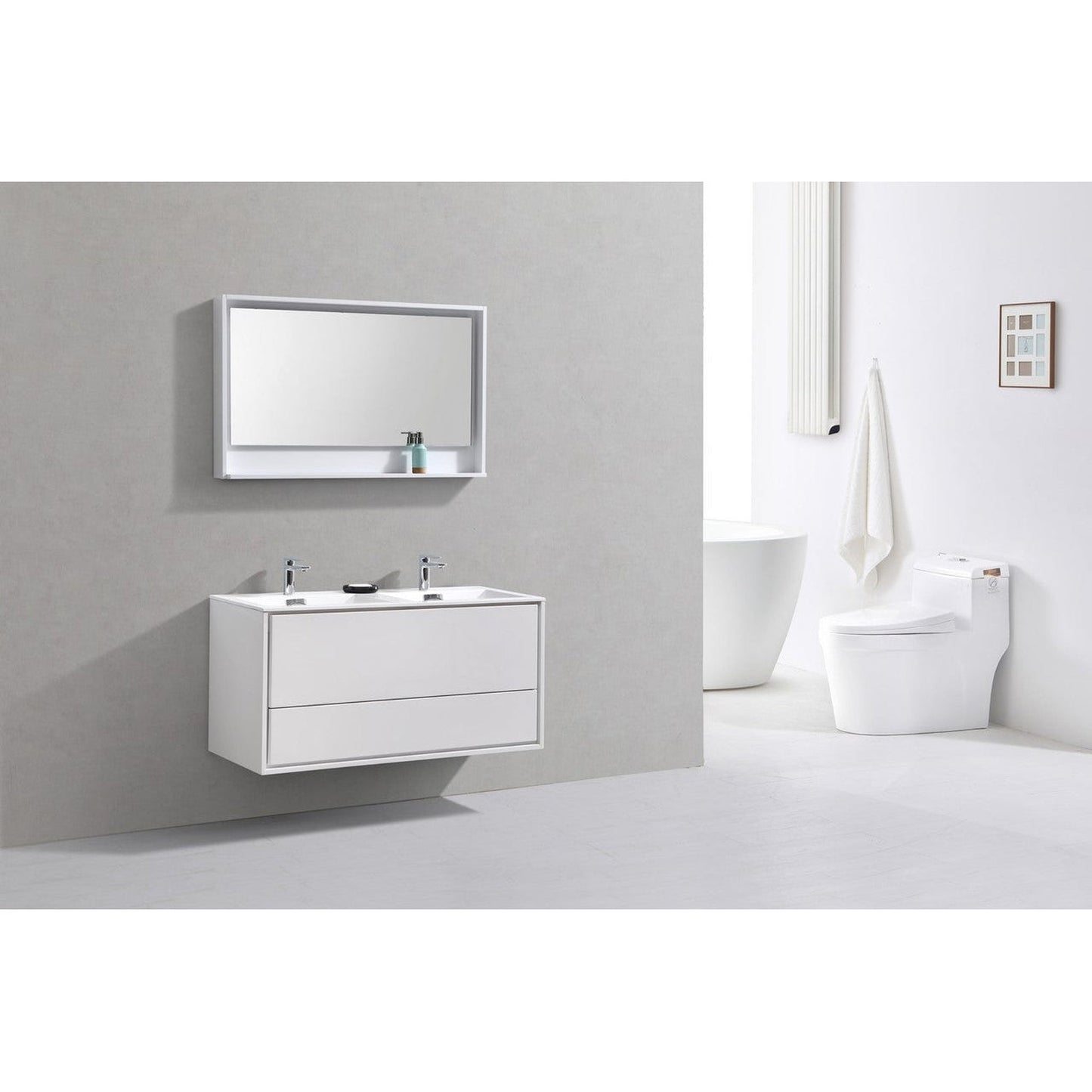 KubeBath DeLusso 48" High Gloss White Wall-Mounted Modern Bathroom Vanity With Double Integrated Acrylic Sink With Overflow