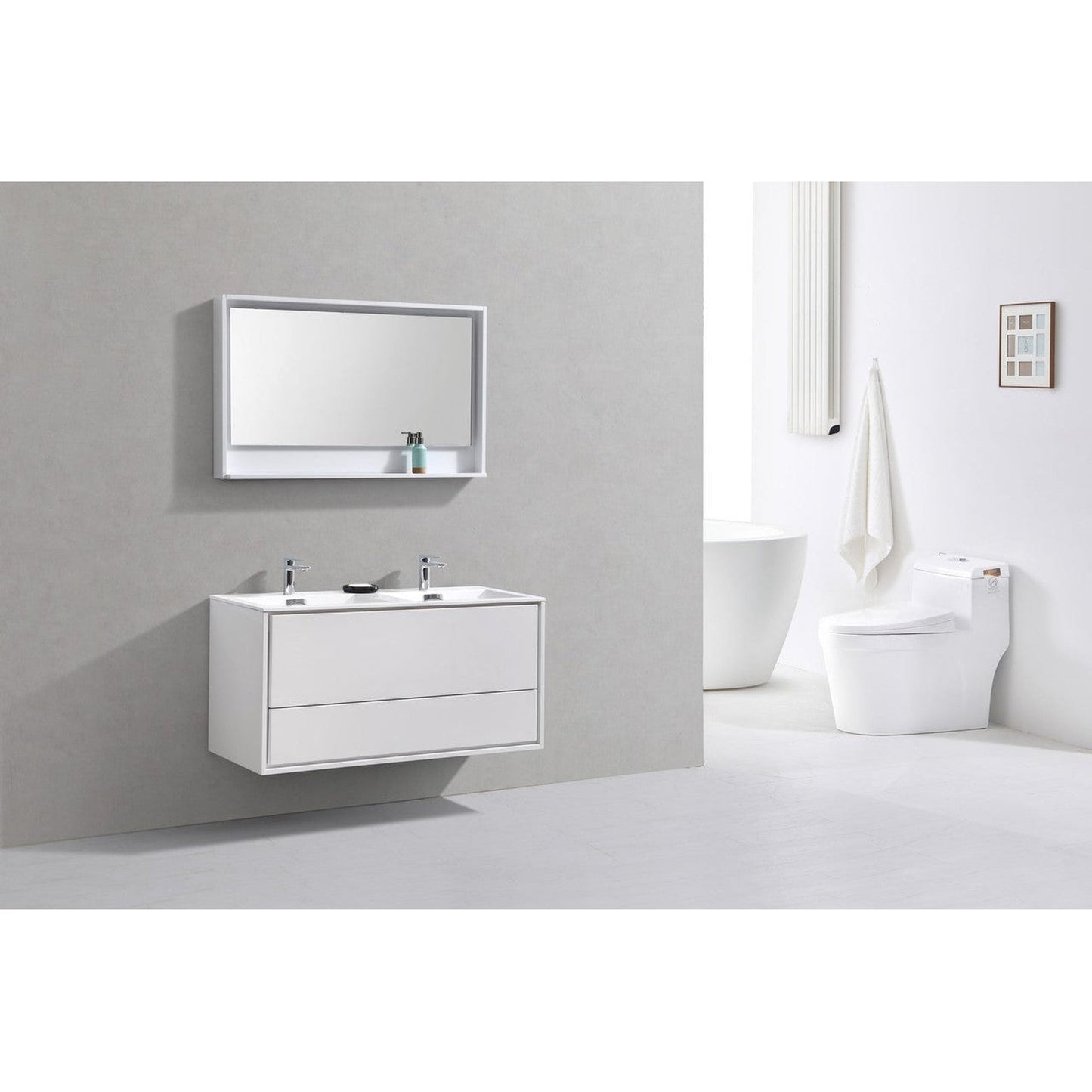 KubeBath DeLusso 48" High Gloss White Wall-Mounted Modern Bathroom Vanity With Double Integrated Acrylic Sink With Overflow and 48" White Framed Mirror With Shelf