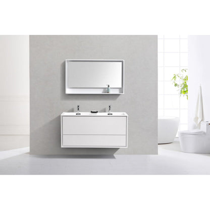 KubeBath DeLusso 48" High Gloss White Wall-Mounted Modern Bathroom Vanity With Double Integrated Acrylic Sink With Overflow and 48" White Framed Mirror With Shelf