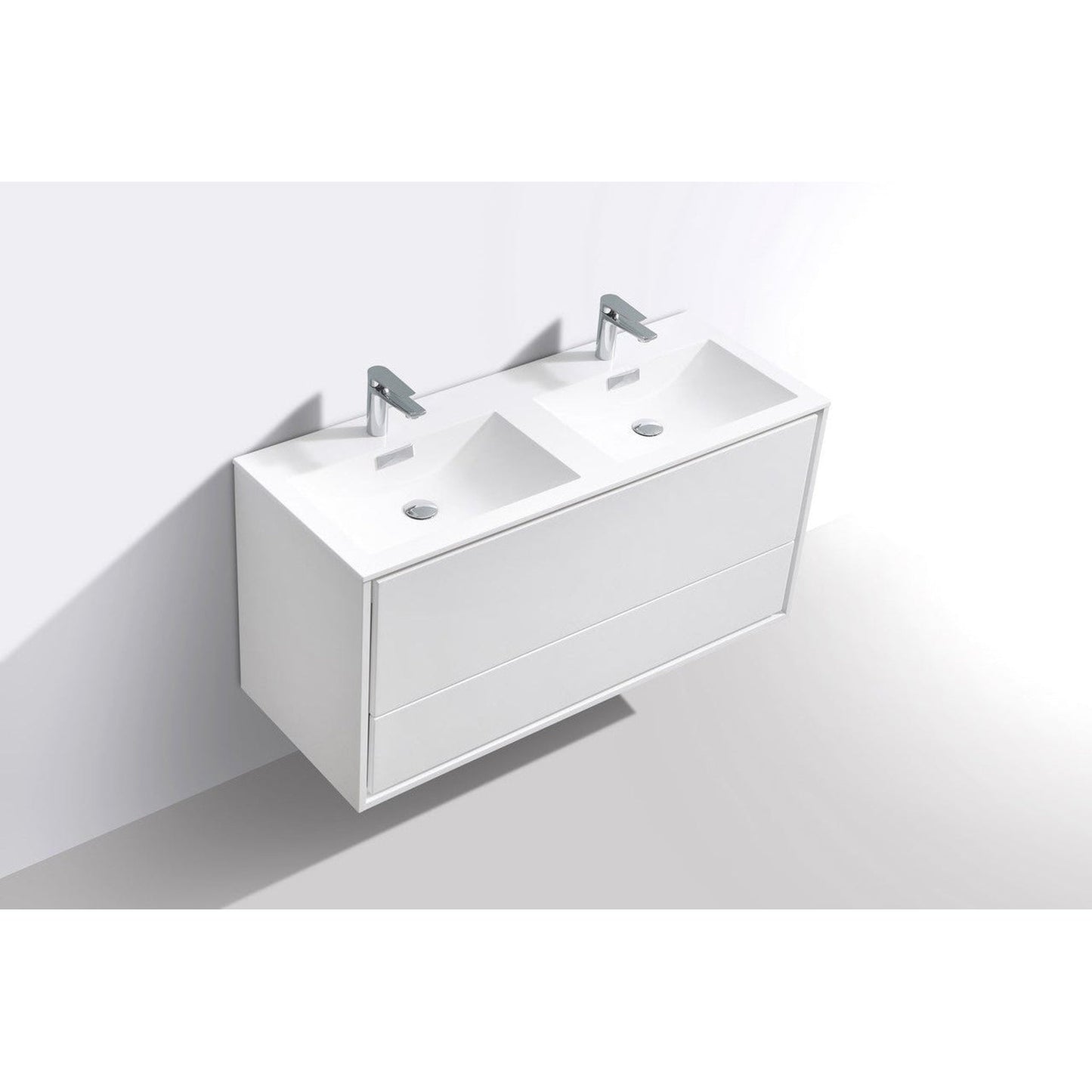 KubeBath DeLusso 48" High Gloss White Wall-Mounted Modern Bathroom Vanity With Double Integrated Acrylic Sink With Overflow and 48" White Framed Mirror With Shelf