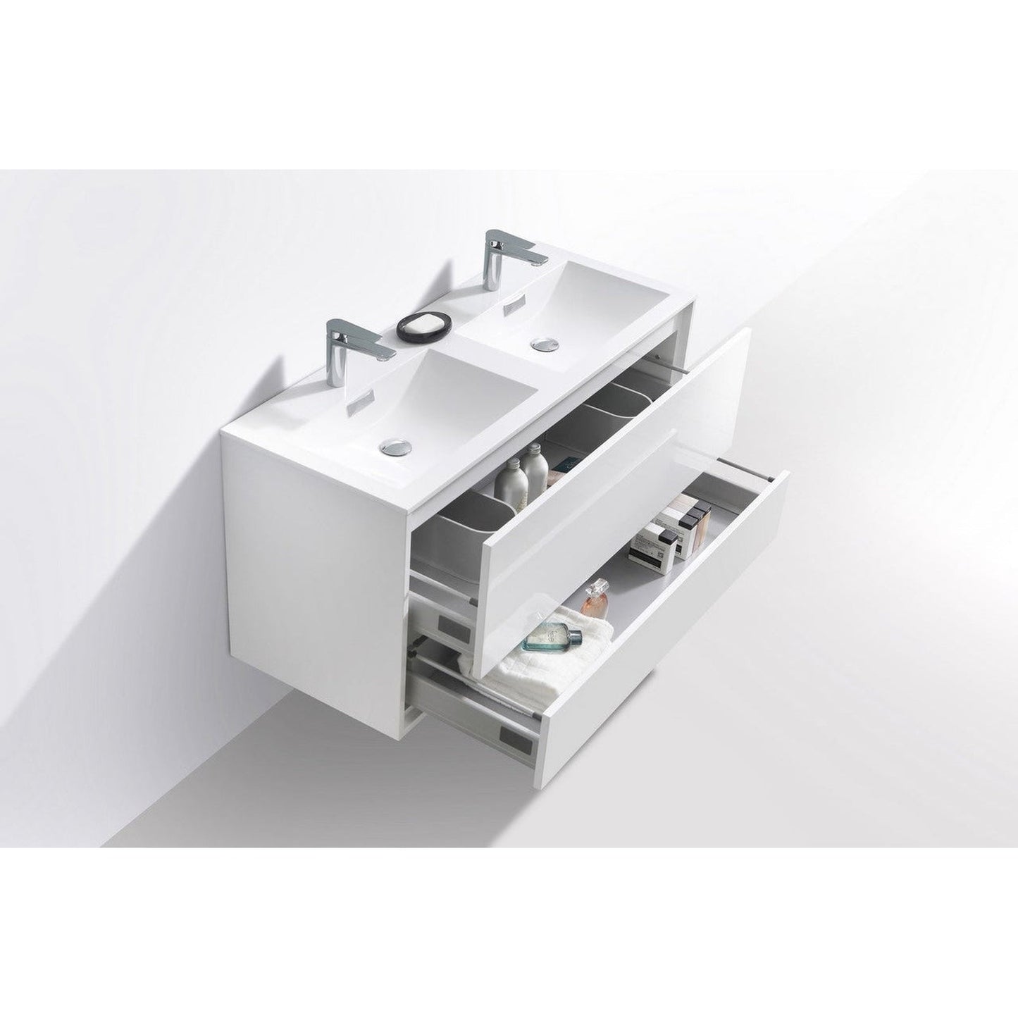 KubeBath DeLusso 48" High Gloss White Wall-Mounted Modern Bathroom Vanity With Double Integrated Acrylic Sink With Overflow and 48" White Framed Mirror With Shelf