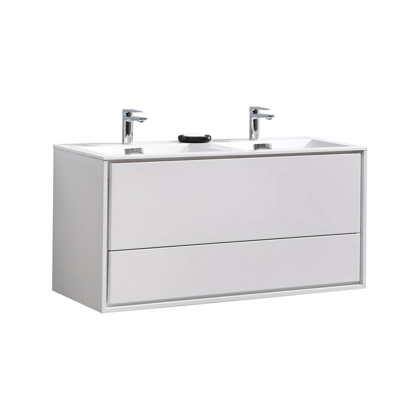 KubeBath DeLusso 48" High Gloss White Wall-Mounted Modern Bathroom Vanity With Double Integrated Acrylic Sink With Overflow and 48" White Framed Mirror With Shelf