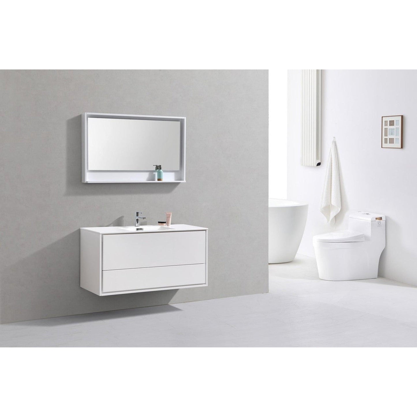 KubeBath DeLusso 48" High Gloss White Wall-Mounted Modern Bathroom Vanity With Single Integrated Acrylic Sink With Overflow and 48" White Framed Mirror With Shelf