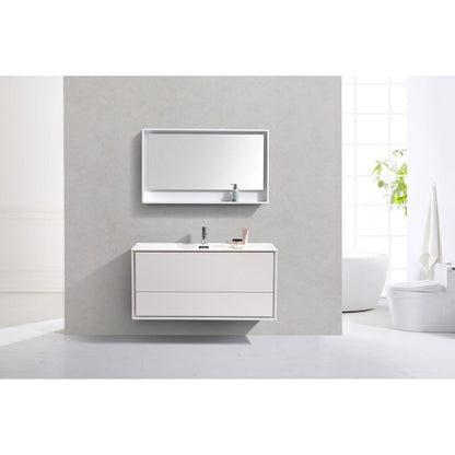 KubeBath DeLusso 48" High Gloss White Wall-Mounted Modern Bathroom Vanity With Single Integrated Acrylic Sink With Overflow and 48" White Framed Mirror With Shelf