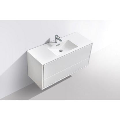 KubeBath DeLusso 48" High Gloss White Wall-Mounted Modern Bathroom Vanity With Single Integrated Acrylic Sink With Overflow and 48" White Framed Mirror With Shelf