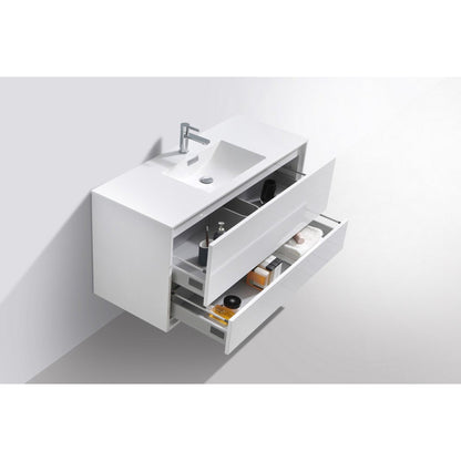 KubeBath DeLusso 48" High Gloss White Wall-Mounted Modern Bathroom Vanity With Single Integrated Acrylic Sink With Overflow and 48" White Framed Mirror With Shelf