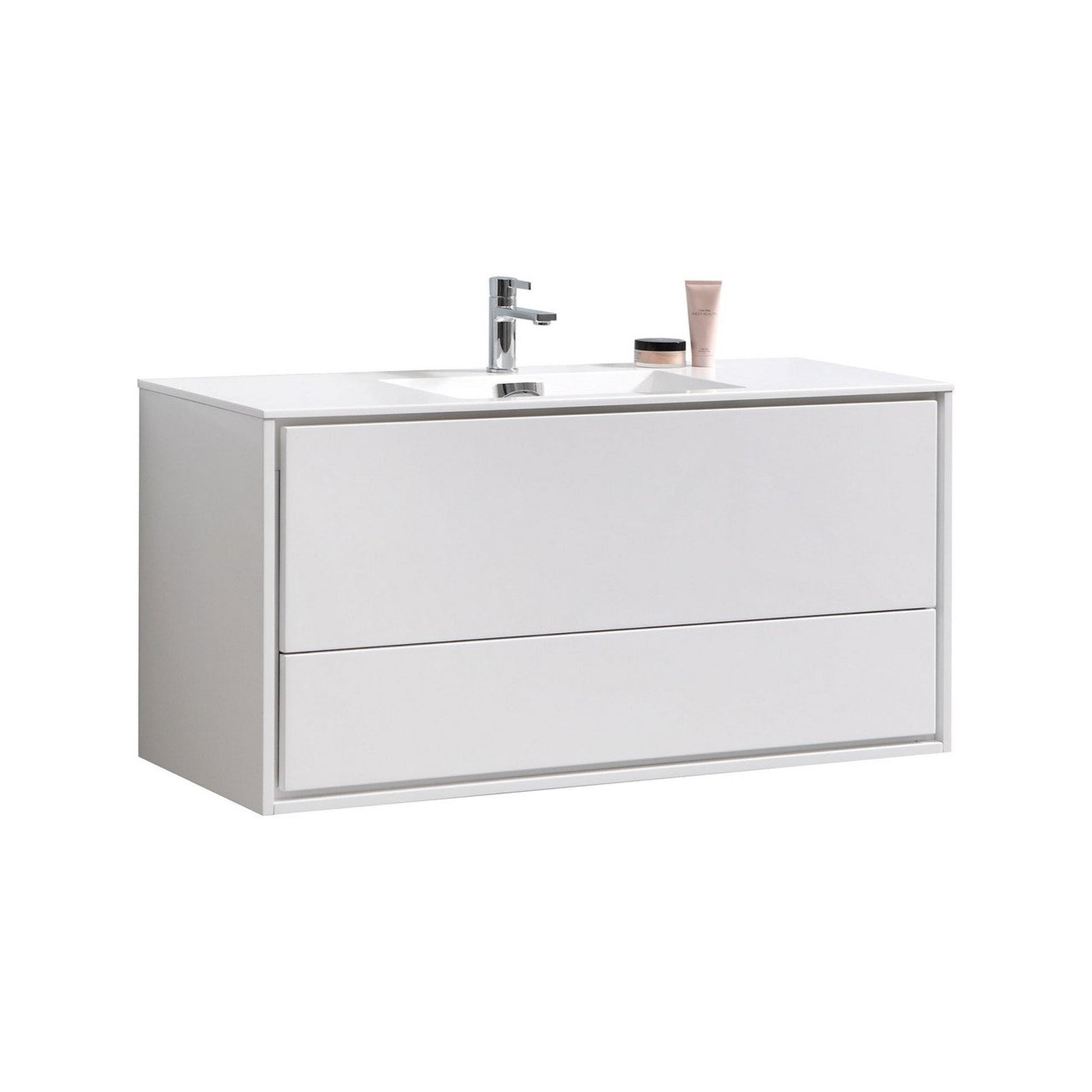 KubeBath DeLusso 48" High Gloss White Wall-Mounted Modern Bathroom Vanity With Single Integrated Acrylic Sink With Overflow and 48" White Framed Mirror With Shelf